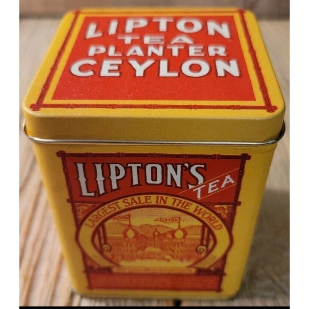 VINTAGE KITCHEN 4" HIGH  LIPTON TEA PLANTER CEYLON TIN BOX CAN *EMPTY*